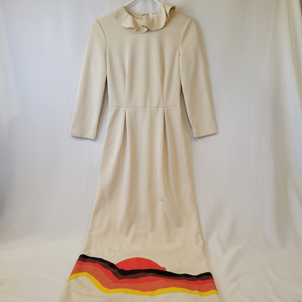 Elegant Cream Long Sleeve Dress with Colorful Hem